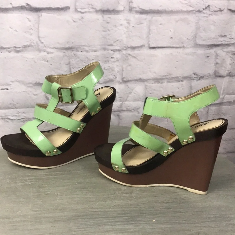 ABS Allen Schwartz Leather “Graciela” Ankle Strap Wedges, Mint Green 7.5